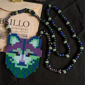 Wolf Pixel Art Pony Perler Kandi Bead Extra Long Necklace